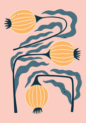 modern botanical print with hand drawn abstract yellow seed pods and wavy blue leaves on soft pink background for floral wall art and minimal decor