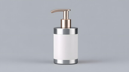 Obraz premium Sleek, modern lotion dispenser with metallic pump and minimalist design stands against neutral background, perfect for bathroom or skincare product mockups