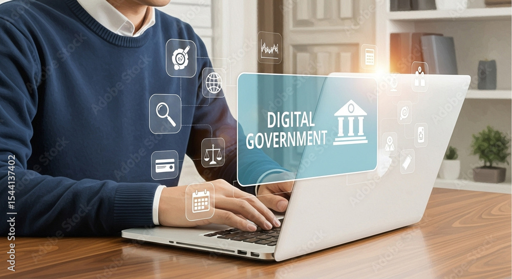 Poster person typing on laptop with digital government overlay and icons displayed on the screen view