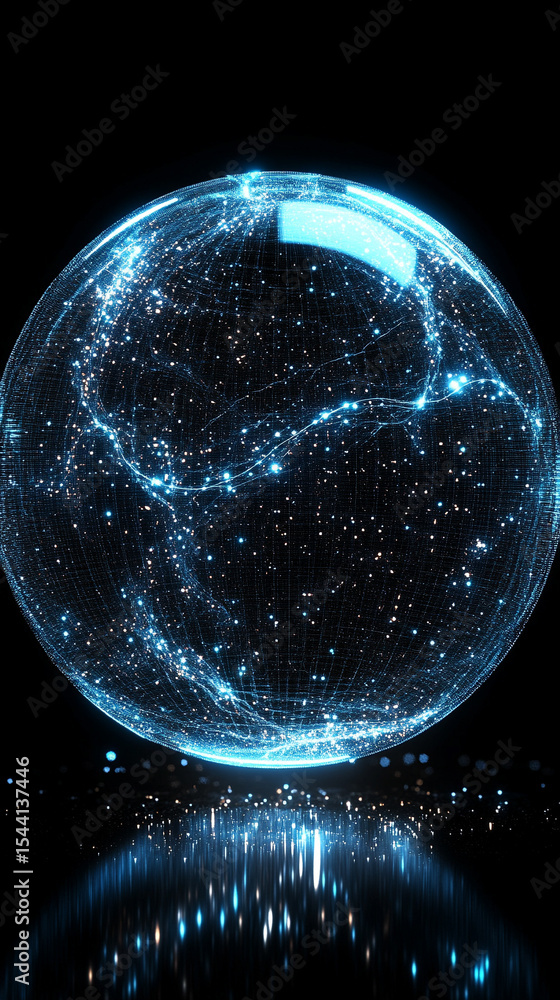 Poster pulsating wireframe sphere with coded lights glows against a dark background. abstract digital netwo
