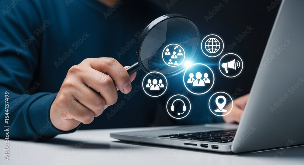 Poster person using a magnifying glass over a laptop screen with various social media icons floating above 