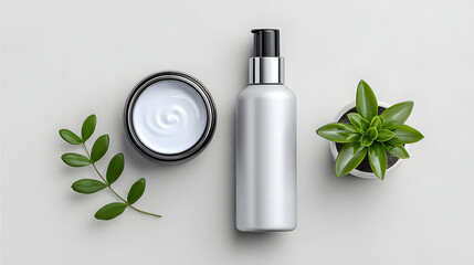 Open jar of cream and silver pump bottle with green leaves and potted plant on light background, creating fresh and natural skincare concept