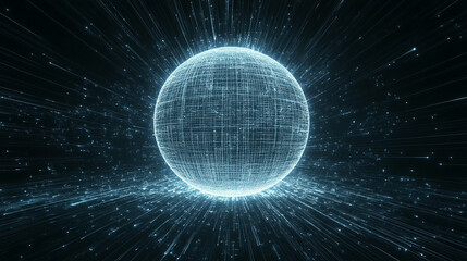 Pulsating wireframe sphere with coded lights glows against a dark background. Abstract digital network visualization symbolizing data flow, connectivity, and futuristic technology. Space for caption.
