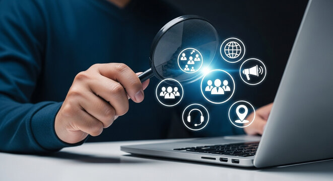 Person using a magnifying glass over a laptop screen with various social media icons floating above it
