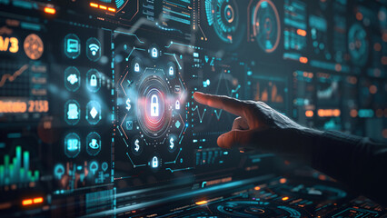 Cybersecurity concept with digital interface and hand touching padlock icon