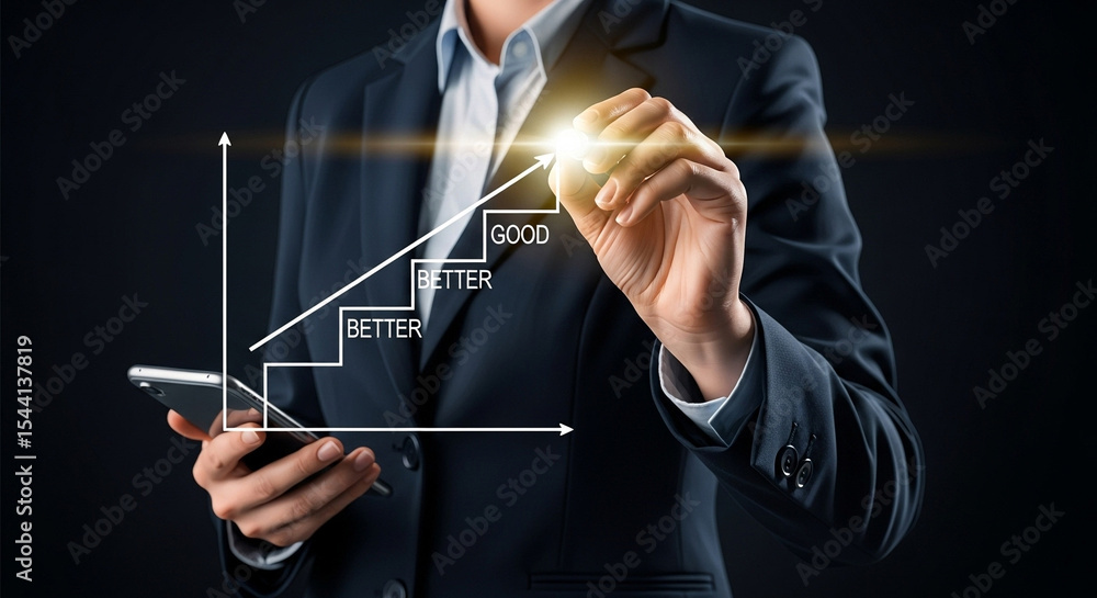 Poster person in suit drawing growth chart with better and good labels on a dark background with phone