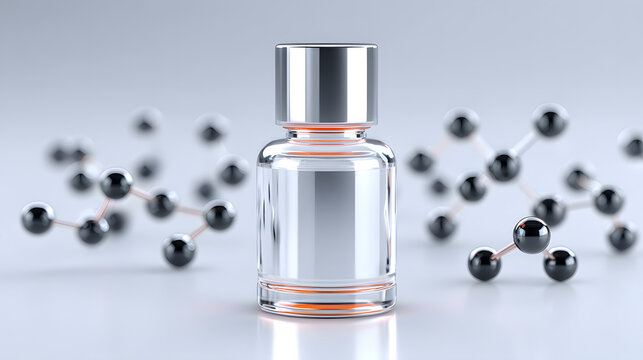 Sleek, ultramodern skincare serum bottle with metallic cap is surrounded by abstract molecular structures, symbolizing advanced cosmetic science