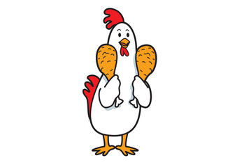 Illustration of a fun cartoon chicken character proudly holding two chicken drumsticks, exuding joy and culinary delight