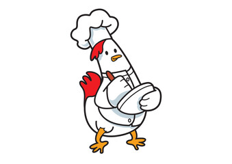 Illustration of a charming cartoon chicken character dressed as a chef, actively writing on a notepad, showcasing culinary creativity