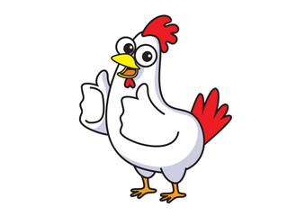 Illustration of an enthusiastic cartoon chicken character with big eyes, happily giving two thumbs up, exuding joy and positivity
