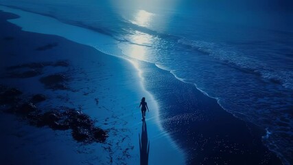 Woman walking on blue beach at night, aerial view - Powered by Adobe