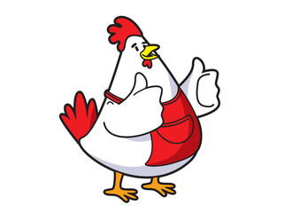 Illustration of a cheerful cartoon chicken character wearing an apron and enthusiastically giving two thumbs up, radiating positivity and confidence