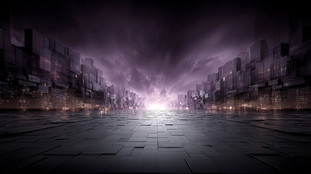 Purple technology background with horizontal lines and blocks. Abstract digital backdrop representing data transfer and network systems. Sleek design for business presentations and tech concepts.