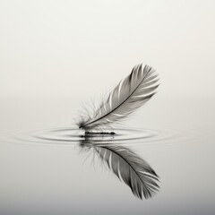 Obraz premium Serene Feather Reflection on Still Water: A Moment of Tranquility and Peace Captured in Monochrome Photography