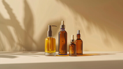 Collection of amber skincare bottles arranged on light background