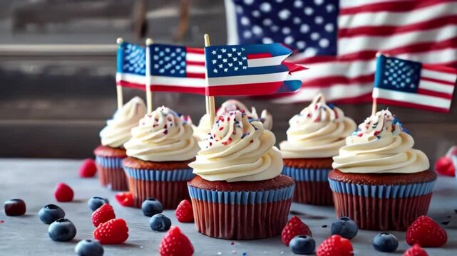 cupcakescups with flag backdrop, Patriotic cupcakes, Cupcakes, Labor & Memorial Day Food, Fourth of July Picnic Cake created with generative ai