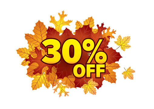 Vibrant autumn sale graphic featuring 30 percent off surrounded by colorful falling leaves creating an inviting seasonal discount concept