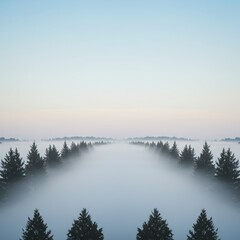 Fototapeta premium Misty Morning in the Pine Forest: A Serene Landscape of Fog-Shrouded Trees