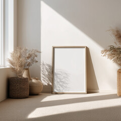 Minimalist frame mockup placed on the floor with dramatic sunlight and vase with dried grass &ndash; modern interior scene