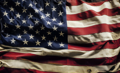 Close-up of a weathered and wrinkled American flag, showcasing the texture of its fabric and the enduring spirit of patriotism. The stars and stripes symbolize unity, freedom