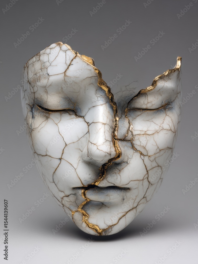 Poster cracked porcelain face displaying lightning cracks against a neutral background highlighting artisti