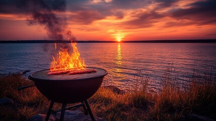 Grilling sausages by a lake at sunset