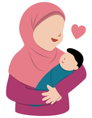 Obraz premium Muslim Mother Holding Newborn Baby, Tender Moment Illustration