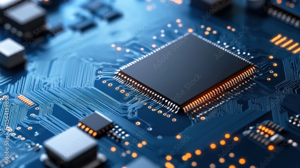 Poster close-up of a modern microchip on a circuit board with blue background