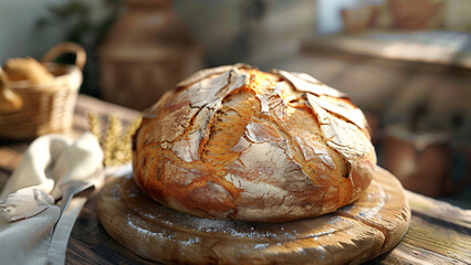Freshly baked rustic bread on wooden board with soft morning light