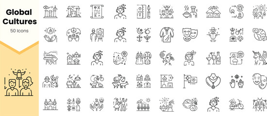 A diverse collection of culture-themed icons illustrating various traditions, celebrations, and lifestyles from around the world, in a minimalist design.
