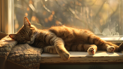 Cat sleeping in sunlight on soft cushion by window