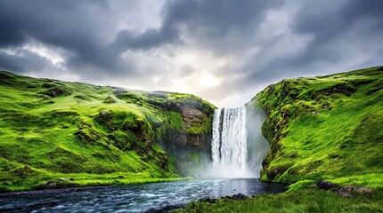Majestic waterfall cascades down a lush green cliff under a dramatic, cloudy sky