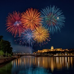 Fototapeta premium Fireworks display over a city river at night for celebrations, events, and festive occasions.