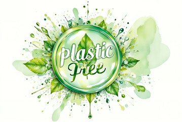 Colorful plastic free logo with green leaves and watercolor accents  