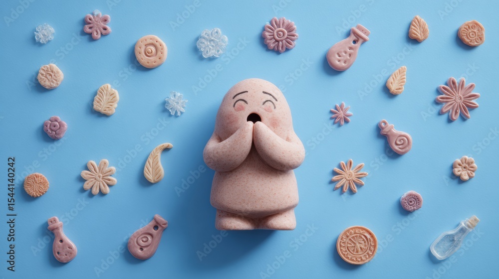Aufkleber clay figure coughing surrounded by floating helpful remedy icons against a blue background