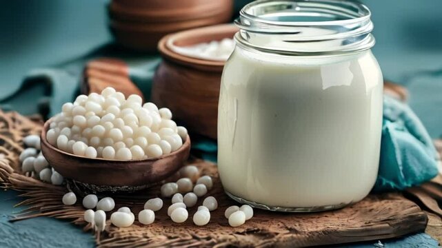 Milk kefir grains on wooden spoon and jar of kefir created with generative ai