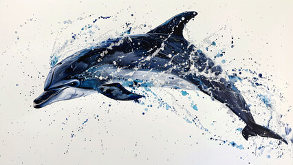 Watercolor style dolphin leaping through splash on white background