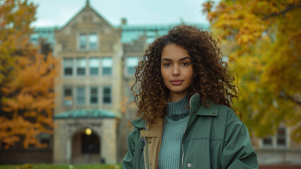 Woman standing on campus in autumn with confident smile and coat