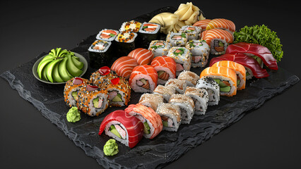 Colorful sushi platter with vegetables and wasabi on black slate