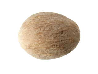 One whole nutmeg in air isolated on white