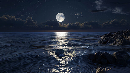 Moonlight reflecting on ocean waves under cloudy night sky