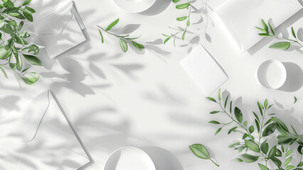 White background with green leaves casting soft shadows in minimalist style