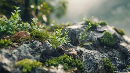 Moss and small plants growing on rocks in forest environment