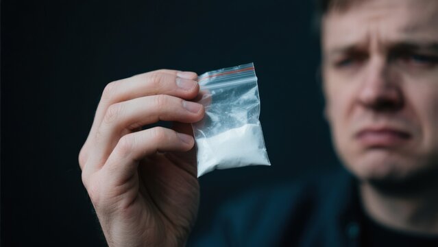 A concerned man holds a small plastic bag filled with white powder, possibly drugs, with a worried expression on his face, creating a sense of tension and uncertainty .