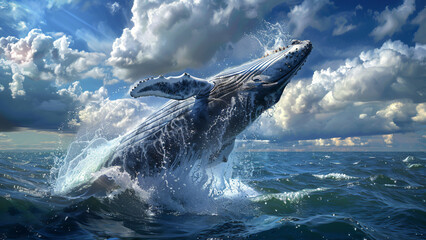 Whale breaching ocean surface with splash under blue sky