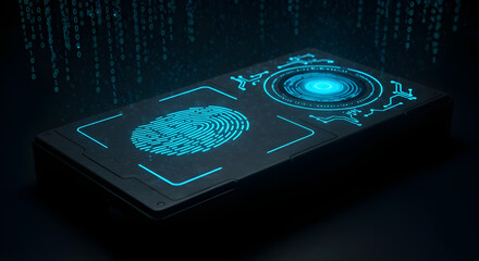 Close-up of a fingerprint scanner and retina recognition interface glowing in a dark cyber lab