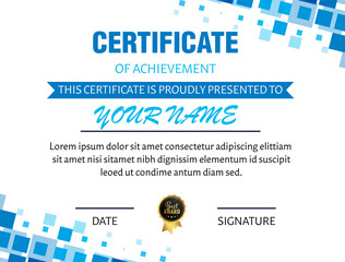 Certificate of achievement with blue accents and lorem ipsum text example