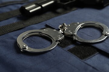 Handcuffs and gun on bulletproof vest, closeup. Police equipment