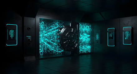 A highly secured digital vault in a black metallic room, protected by biometric scanners and glowing firewall barriers, data represented as luminous blocks floating behind the vault door