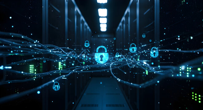 futuristic server room with glowing blue lights, encrypted data streams flowing through transparent cables, and secure digital locks hovering in the air